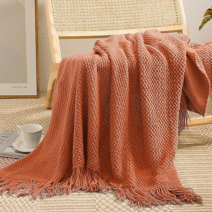 LOMAO Knitted Throw Blanket with Tassels Bubble Textured Lightweight Throws for Couch Cover Home Decor (Orange, 60x80)