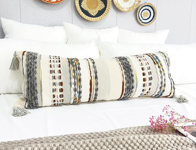 Chenille and Cotton Long Pillow for Bed, Striped Textured Boho Lumbar Throw Pillow Cover 16x36, Neutral Accent Decorative Extra Long Body Pillow Case for Couch, Sofa, Bedroom, Brown-Grey