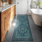 Teal 2x6 Runners for Kichen Floor Washable Non Skid, Boho Hallway Runner Rug for Entryway Front Door Foyer Mudroom, Vintage Medallion Carpet Runners 6ft for Bedroom Bathroom Laundry Room
