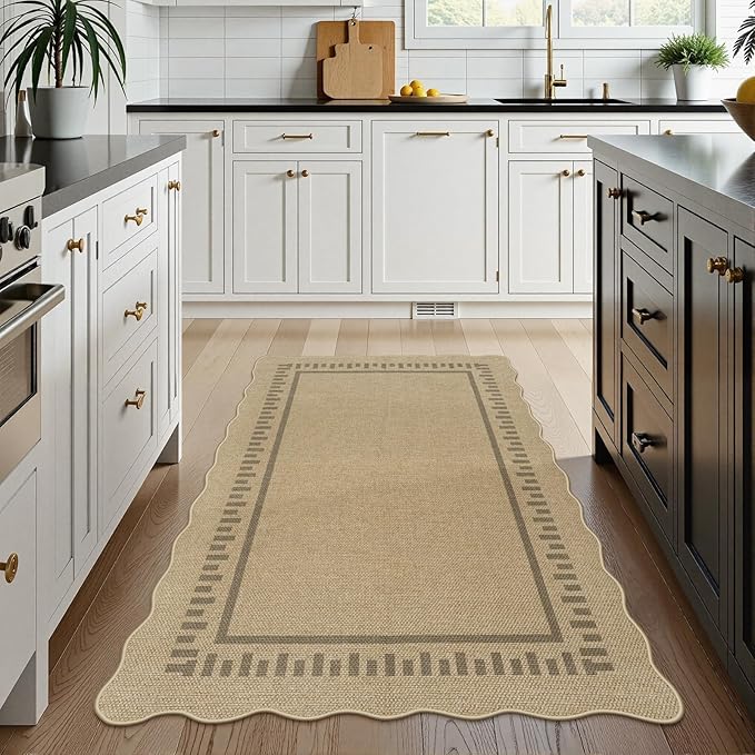 LIVEBOX Scalloped Washable 3x5 Outdoor Rug, Easy Jute Tan Rugs for Entryway Bedroom, Indoor Outdoor Non Slip Farmhouse Rugs for Patio Living Room, Geometric Carpet Front Door Mat for Porch Kitchen