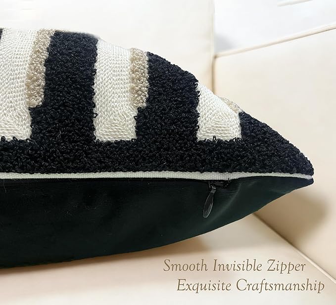 20"x20" Black Cream Stripe Tufted Pillow Covers Luxury Geometric Accent Pillows Soft Woven Decorative Pillow Cases for Couch, Sofa, Bedroom Décor (Black, 20"×20")