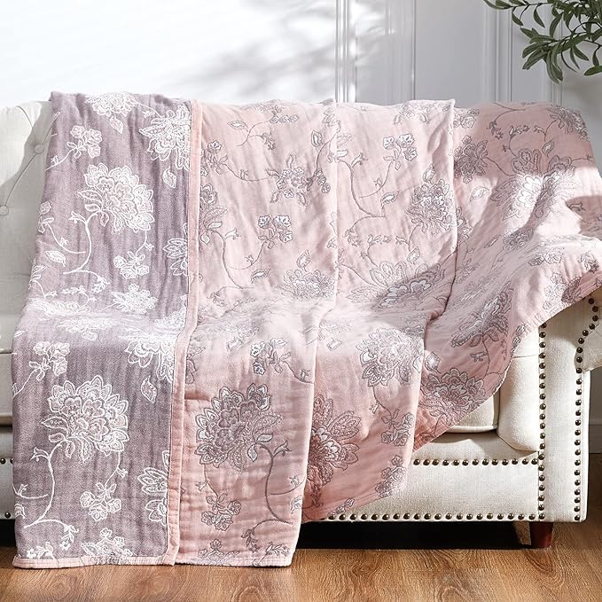jinchan Boho 100% Cotton Muslin Twin Size 60x80 Inches Blanket Lightweight 4-Layer Quilted Soft Pink Red Floral Throw Blanket Reversible Comfy Flower Breathable All Seasons Couch Bedroom Decor