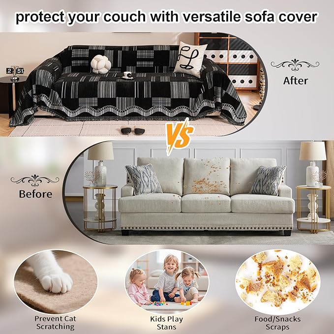 ROOMLIFE Black Sofa Cover, Vintage Boho Couch Cover for 3 Cushion Sofa, Non Slip Chenille Sofa Slipcovers for Dog, Washable Furniture Sofa Protector Cover with Tassel for Living Room, 71''X118”