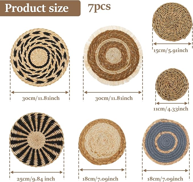 7 Pack Boho Wall Basket Decor Set, Hanging Woven Seagrass Rattan Wicker Boho Wall Decor, Round Farmhouse Wall Hanging Baskets Rustic Flat Wall Art for Living Room Bedroom Kitchen