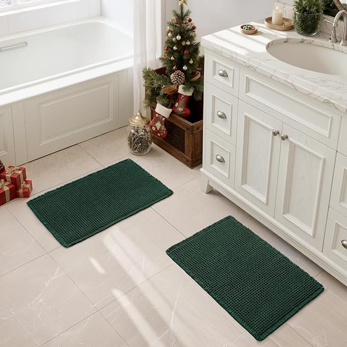 MIULEE Dark Green Set of 2 Waffle Bathroom Rugs, Boho Bath Rugs Non Slip Washable, Super Absorbent Bath Mats, Ultra Soft Rubber Backed Shower Mats for Bathroom Floor, Tub, 17x24 Inch