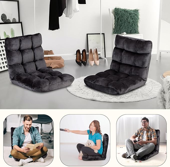 SUPER DEAL 14-Position Folding Floor Chair Gaming Sofa Cushioned Padded Reclining Bed Lounge Couch Seating for Comfy Reading, Reading, Gaming, Relaxing, Watching TV, Black
