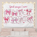AQYIP Preppy Pink Bow Christian Tapestry Wall Hanging, God Says I Am Cute Inspirational Bible Verse Tapestry Decorative, Pink Girly Christian Wall Decor for Room, 50x60 Inch
