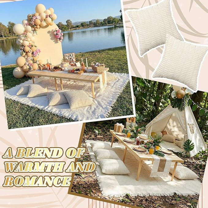 Extra Large Outdoor Boho Picnic Blanket 91'' x 71'' Cream White Table Runner 6 Throw Pillow Cover Woven Cotton Yarn Oversize Beach Blanket Washable for Picnic Camp Wedding