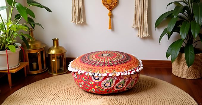 CRAFT KALA Red Peacock Large Hippie Mandala Meditation Floor Ottoman Pillow Cushion Pouf Cover Square Poufs Bohemian Circle Floor Cushion Case Outdoor Fireplace Yoga Living Room Decor Cover 24" Round