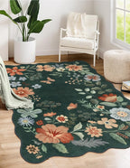 Lahome Floral Machine Washable Rug, 3x5 Rug Non Slip Soft Bedroom Rugs for Entryway Dorm, Ultra-Thin Boho Rugs for Living Room Throw Carpet for Nursery Entrance Flore, Dark Green