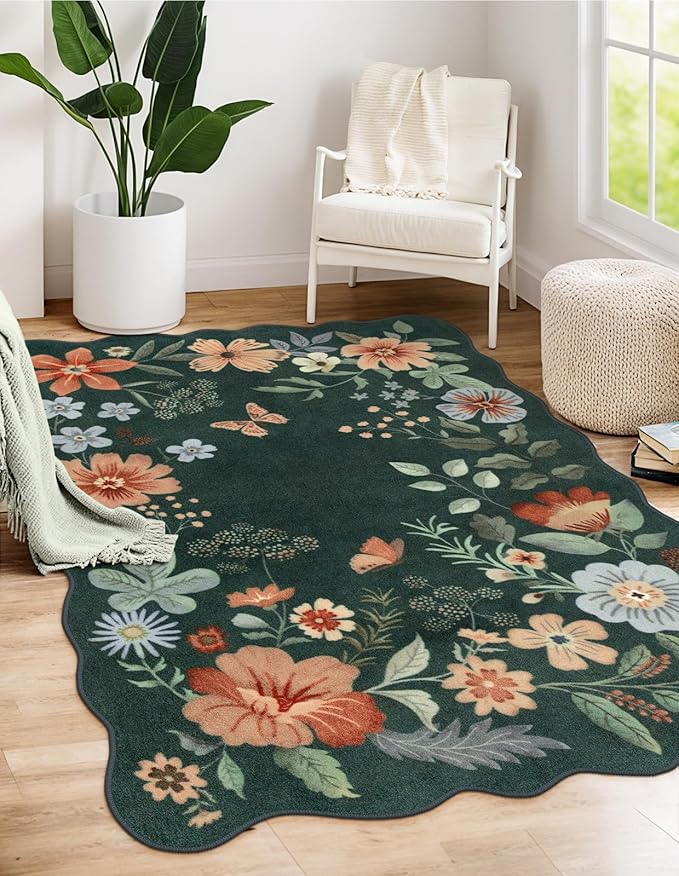 Lahome Floral Machine Washable Rug, 3x5 Rug Non Slip Soft Bedroom Rugs for Entryway Dorm, Ultra-Thin Boho Rugs for Living Room Throw Carpet for Nursery Entrance Flore, Dark Green