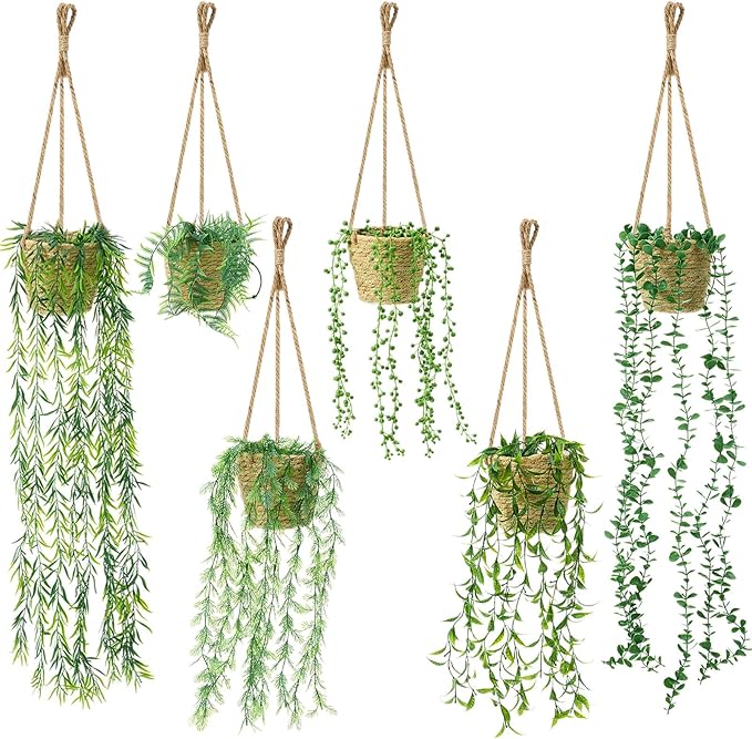6 Set Mini Fake Hanging Plants with Woven Basket Boho Artificial Ivy Faux Vines Eucalyptus Leaf for Indoor Home Wall Living Room Bathroom Shelf Decor (Eucalyptus Leaf)