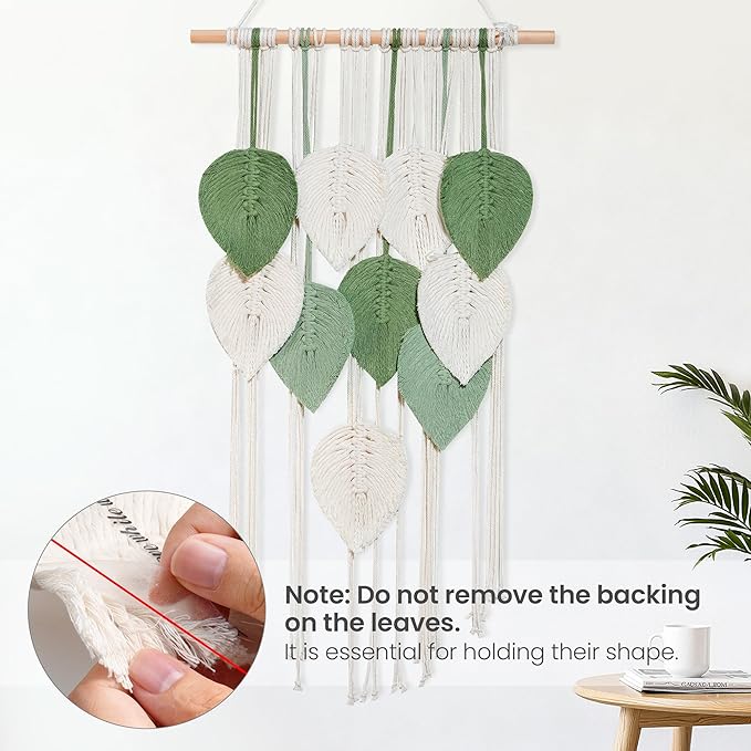 NYEONHRT Macrame Wall Hanging Boho Leaf and Feather Tapestry Handmade Woven Wall Art for Living Room Bedroom Nursery Decor 16x31 Inch (White green)