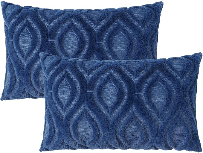 decorUhome Cozy Textured Throw Pillow Covers 12x20 Inch Set of 2, Soft Plush Faux Wool Dark Blue Accent Couch Pillow Covers for Modern Farmhouse Sofa Bed Living Room