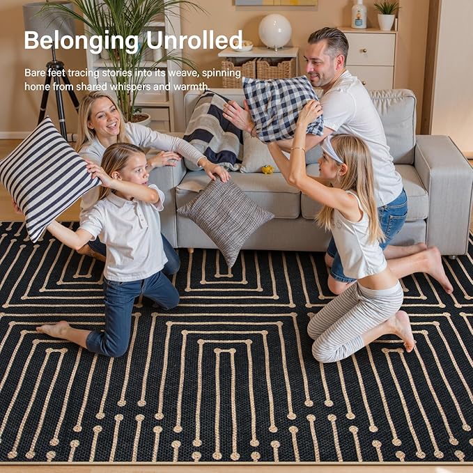 Lahome Boho 3x5 Easy Jute Rugs for Entryway, Black and White Outdoor Rug for Patio, Maze Lines Modern Indoor Outdoor Rugs, Non Slip Stain Resistant Front Door Carpet for Porch Balcony