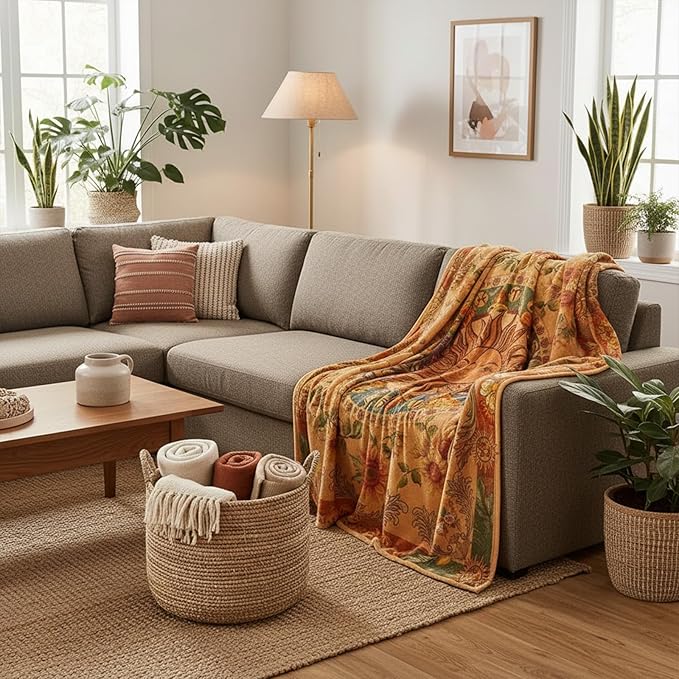 Leeisysme Orange Sun and Moon Fleece Throw Blanket, 70s Vintage Boho Sunflowers Constellation Cozy Decor Nap Blankets for Sofa Bed Couch Chair or Dorm Throws 50×60 inches