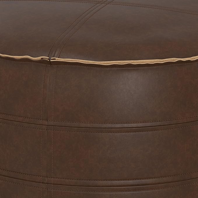 SIMPLIHOME Brody Round Pouf - 20 inch Wide Upholstered Vegan Leather Ottoman in Distressed Dark Brown, Boho Footstool or Extra Seating for Living Room or Bedroom with Polystyrene Filling, Assembled