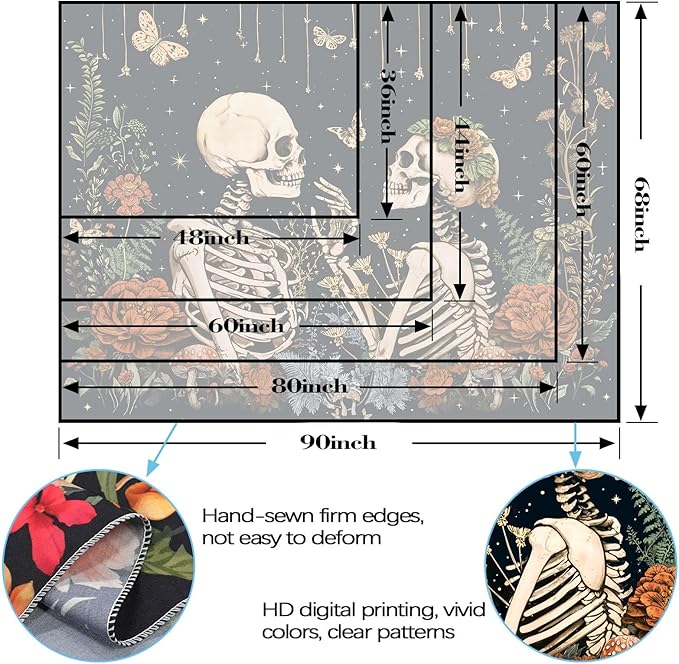 Wegklazax Floral Skeleton Lovers Tapestry Aesthetic Skull Gothic Tapestry for Bedroom The Lovers Wall Hanging for Bedroom Living Room Skull2 44×60 Inches