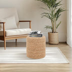 16'' Round Ottoman Natural Seagrass Braided Poof Hand Weaving Round Ottomans Boho Footrest Stool for Home Living Room Bedroom Patio(Natural)