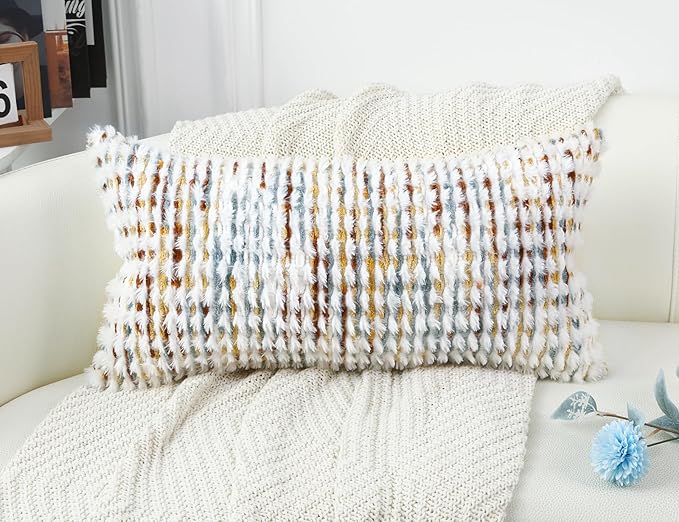 PANOD Coastal Decorative Lumbar Pillow Cover 12 x 26 Inch, Boho Long Pillow for Bed, Colorful Neutral Accent Farmhouse Long Body Pillow for Couch Sofa Bedroom Livingroom