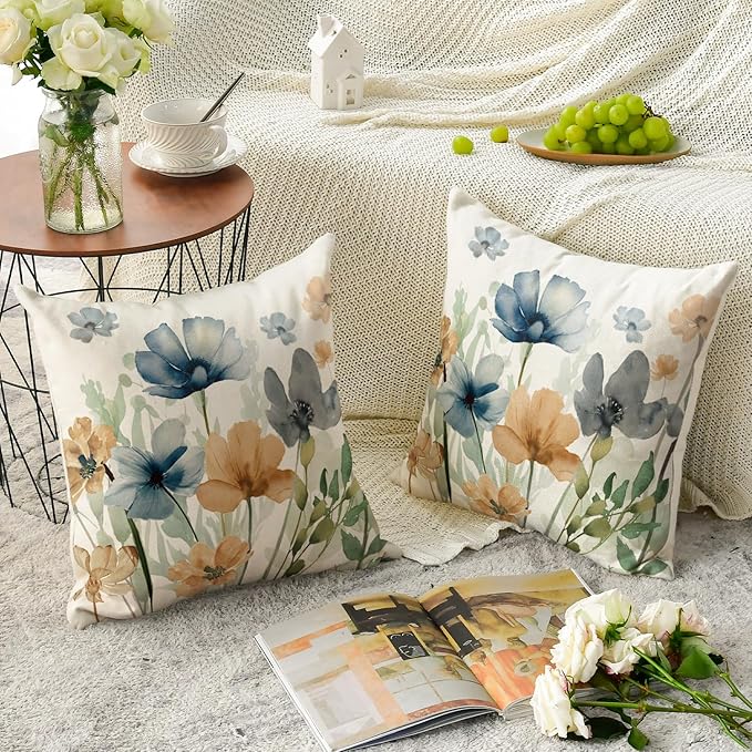 AVOIN colorlife Poppy Flowers Chinoiserie Throw Pillow Covers, 18 x 18 Inch Light Brown Blue Seasonal Leaves Cushion Case Decoration for Sofa Couch Set of 2