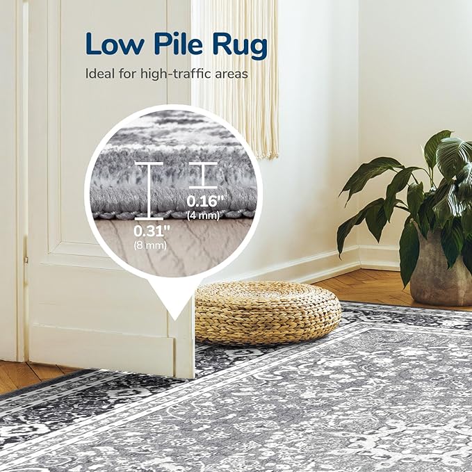Lessymo 4 x 6 Area Rugs for Living Room- Machine Washable Area Rugs Boho Faux Wool Low Pile Area Rug for Bedroom Floral Medallion Vintage Rugs with Non-Slip Rubber, Grey White