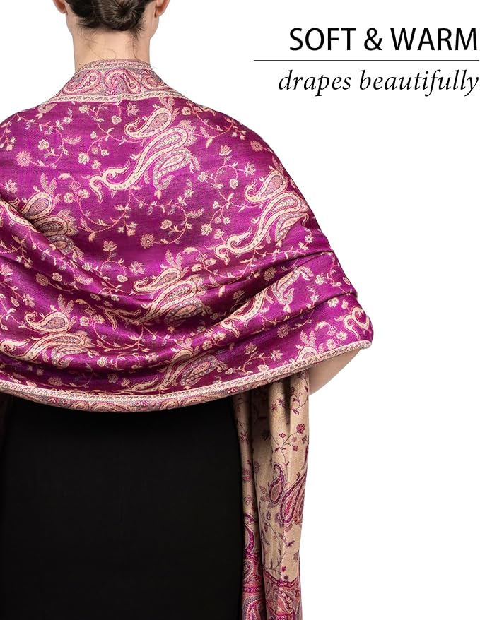 Achillea Reversible Paisley Pashmina Rave Scarf – Exotic Indian Shawls and Wraps for Evening Dresses, Festivals, All Seasons