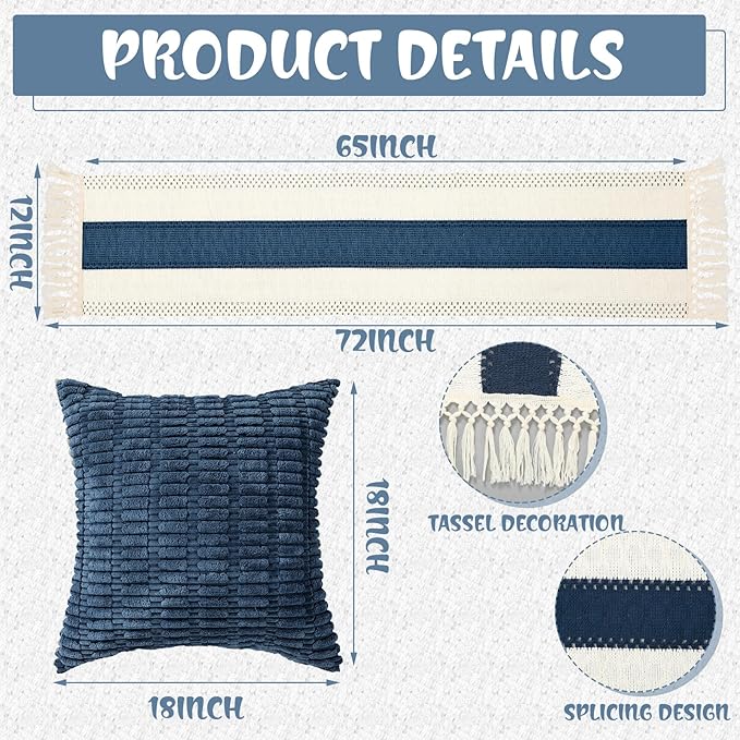 Extra Large Outdoor Boho Picnic Blanket 91'' x 71'' Blue Table Runner 6 Throw Pillow Cover Woven Cotton Yarn Oversize Beach Blanket Washable for Picnic Camp Wedding