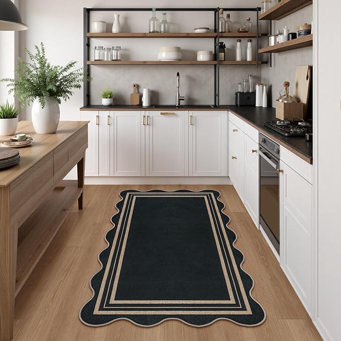Easy Jute 3x5 Outdoor Patio Rug, Washable Rugs for Entryway Black Modern Indoor Kitchen Rugs, Farmhouse Neutral Non Slip Scalloped Carpet for Living Room Backyard