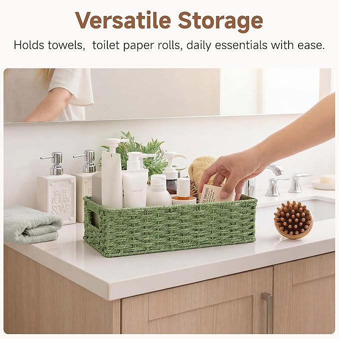 StorageWorks Small Wicker Toilet Basket Tank Topper with Built-in Handles, Toilet Paper Baskets for Back of Tank, Paper Rope Bathroom Basket Organizer and Storage for Sage Green Bathroom Decor, Green