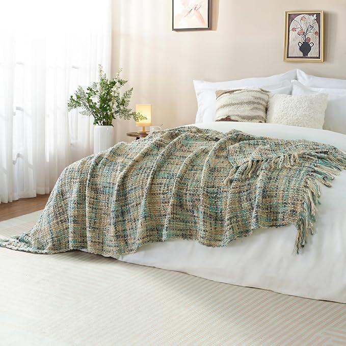 Multi-Color Blue Grey Cable Woven Throw Blanket for Couch,60"X80" Boho Style Textured Blankets for Home Decor,Super Soft Warm Cozy Chunky Blanket with Decorative Tassels for Bed