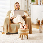 Cpintltr Round Ottoman Natural Seagrass Footstool Hand Weave Water Hyacinth Poufs Eco Friendly Sofa Foot Stool Soft Step Stool Padded Foot Rest with Pine Legs for Living Room (White)