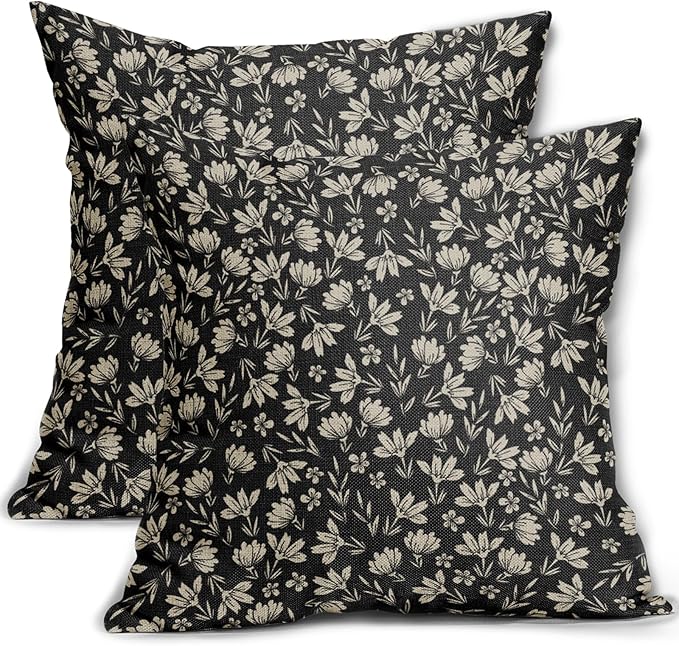 Vintage Flower Pillow Covers 20x20 Set of 2 Black Brown Floral Block Print Rustic Decorative Throw Pillows Outdoor Pillowcase Farmhouse Linen Cushion Case Decor for Home Sofa Couch Bed