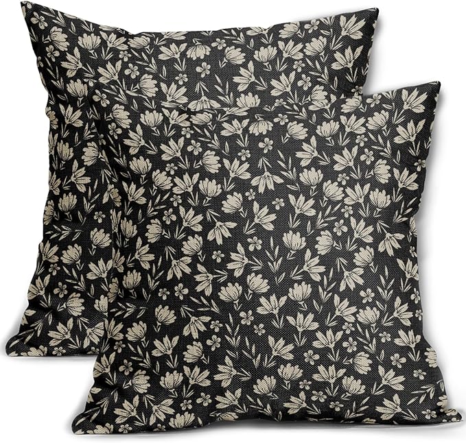 Black Vintage Floral Block Print Pillow Covers 22x22 Set of 2 Rustic Old Style Cute Flower Print Decorative Outdoor Pillowcases Seasonal Farmhouse Throw Cushion Case Decor for Couch Sofa Bed