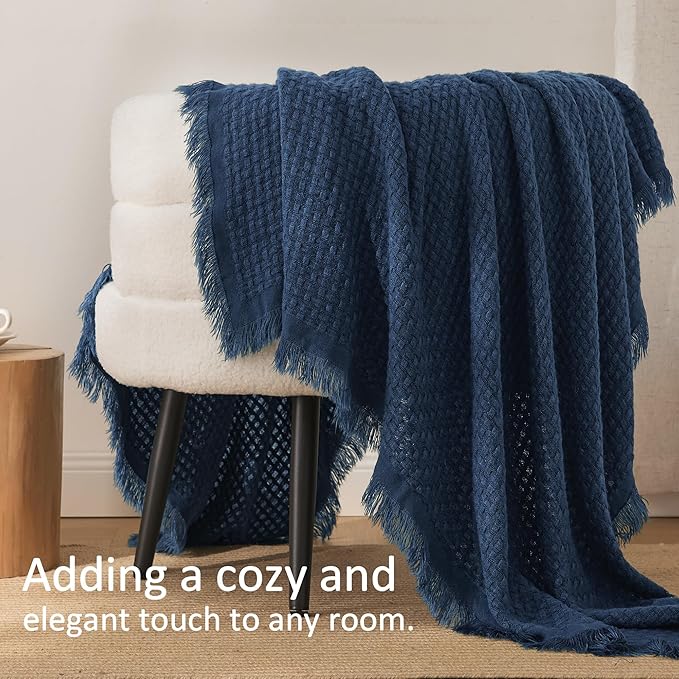 Exclusivo Mezcla Twin Size Knit Blanket with Fringes for Bed, Reversible Super Soft and Warm Woven Boho Throw for All Season, Home Decor, 60"x80", Navy Blue
