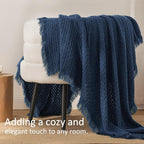 Exclusivo Mezcla Twin Size Knit Blanket with Fringes for Bed, Reversible Super Soft and Warm Woven Boho Throw for All Season, Home Decor, 60"x80", Navy Blue