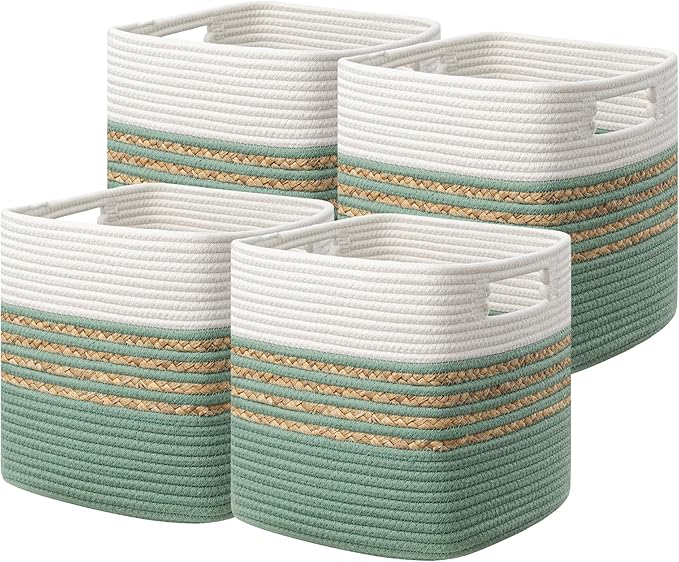 UBBCARE Set of 4 Storage Cubes 13 X 13 X 13 in, Water Hyacinth Storage Bins for Shelves, Toys, Book, Storage Baskets with Handles, Cotton Rope Woven Baskets for Organizing, Green