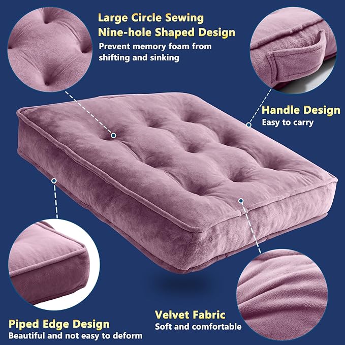 Floor Pillow Set of 2, Memory Foam Meditation Cushion, Floor Cushions for Adults Sitting, Large Square Seat Cushions for Yoga, Living Room, 20x20 Inch (Purple)