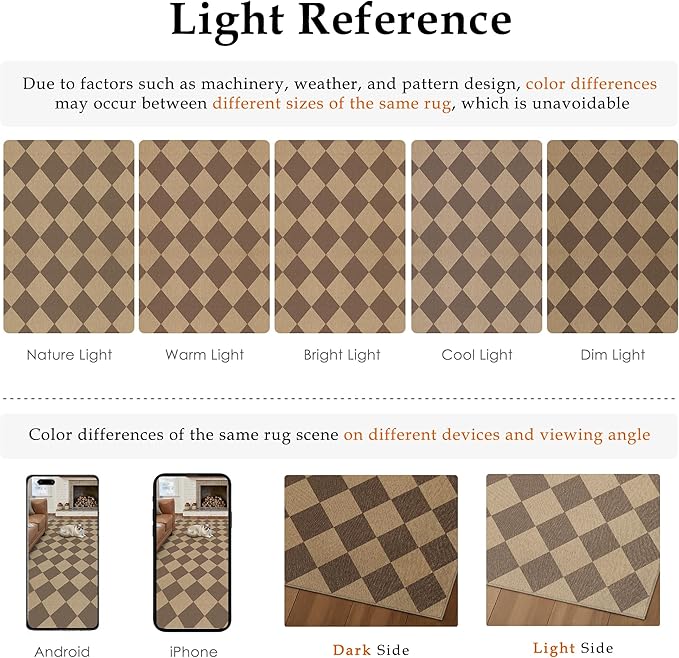 5x7 Checkered Easy Jute Area Rug for Living Room Checkerboard Washable Indoor Outdoor Carpet Farmhouse Patio Office Mat Geometric Non Slip Brown Carpet for Backyard Dining Room