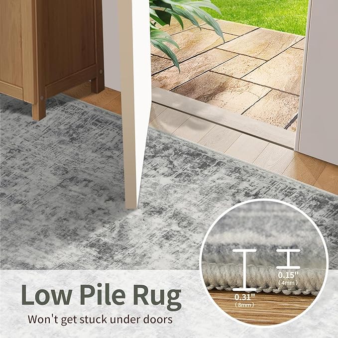 5x7 Area Rugs for Living Room Bedroom, Grey Washable Rug, Neutral Abstract Boho Rug, Non Slip & Low Pile Faux Wool Carpet for Indoor Dining Room and Farmhouse(Grey 5x7ft)