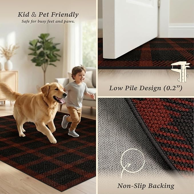 JTJ 3x5 Retro Buffalo Plaid Outdoor Rug - Front Door Mat Indoor Entrance, Non Slip Washable Rug for Kitchen, Living Room and Fireplace,Washable Easy Jute Red and Black Fall & Holiday Decor