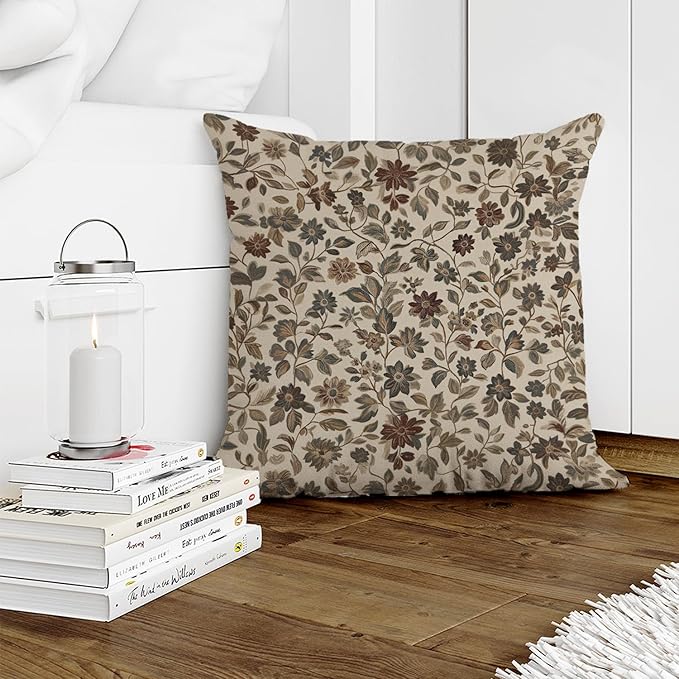 YOU FOUND ME William Morris Abstract Vintage Floral Velvet Design Throw Pillow Covers Home Decor, Retro Art Decor Pillowcase Cushion Cover for Bed Sofa Living Room, Square 18x18inch (Beige-Floral)