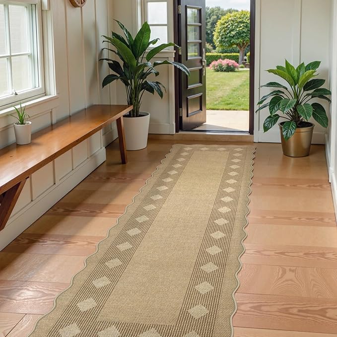LIVEBOX Easy Jute Diamond Runner Rug for Kitchen, Scalloped Washable 2x8 Tan Rugs for Hallway Entryway, Geometric Checkered Indoor Outdoor Non Slip Rug Farmhouse Carpet Area Rugs for Porch Floor Mat