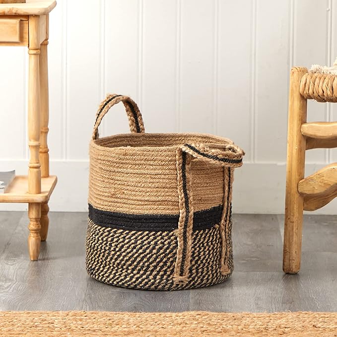 Nearly Natural 13in. Boho Chic Basket Natural Jute Basket Planter, Black Bottom Natural Top with Handles
