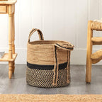 Nearly Natural 13in. Boho Chic Basket Natural Jute Basket Planter, Black Bottom Natural Top with Handles