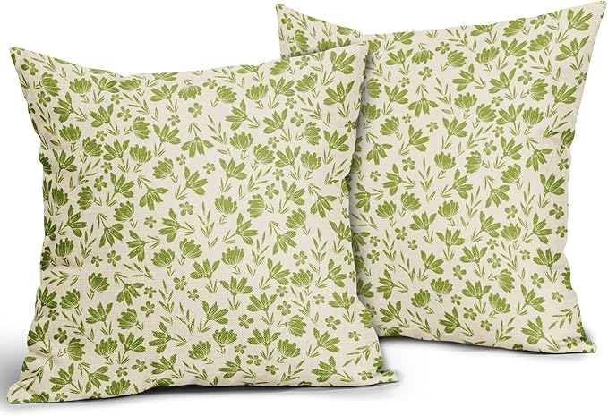 Lime Green Floral Pillow Covers 18x18 Set of 2 Vintage Rustic Old Style Cute Small Flower Green Cream Print Decorative Outdoor Pillowcases Farmhouse Throw Cushion Case Decor for Couch Sofa Bed