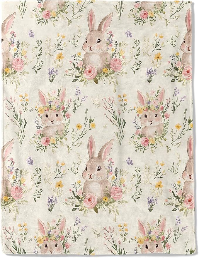 Cute Bunny Fleece Blanket - Lightweight Soft Cozy Gifts Throw for Animal Lovers, Kids,Women,Rabbit Floral Cream Blankets,Home Room Modern Farmhouse Boho Decor 50x60in