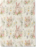 Cute Bunny Fleece Blanket - Lightweight Soft Cozy Gifts Throw for Animal Lovers, Kids,Women,Rabbit Floral Cream Blankets,Home Room Modern Farmhouse Boho Decor 60x80in