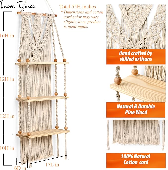 Macrame Wall Hanging Shelf 3 Tier - Boho Bedroom Decor | Macrame Wall Decor | Boho Shelf Decor, Hanging Shelves for Wall, Woven Rope Floating Wood Shelves & Storage for Small Plants