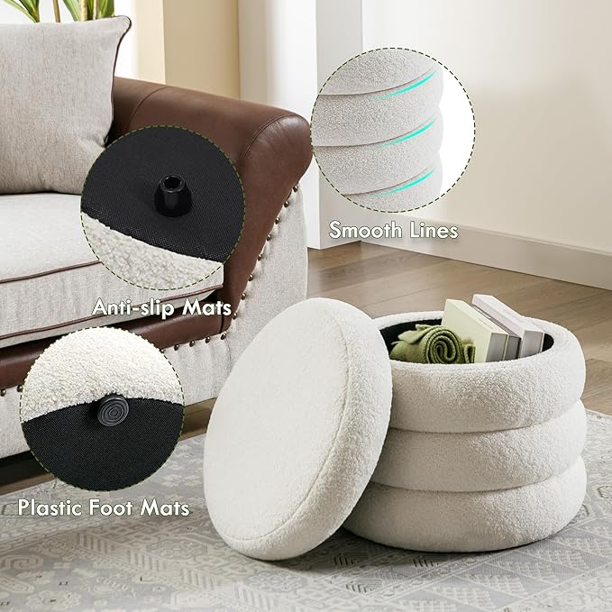 Boucle Ottoman with Storage, Small Round Footrest Stool for Living Room Bedroom, Upholstered Sherpa Vanity Seat with Removable Lid, Modern Comfy Foot Stool for Couch Entryway, Off White